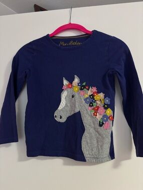 Mini Boden Navy Blue Long Sleeve Top with Unicorn & Colorful Flower Appliqués